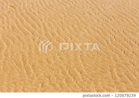desert sand texture background wallpaper waves of wind, river bank sea shore beach beige natural sand abstract 120879239