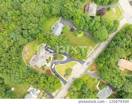 Aerial view of Suburban neighborhood Norfolk County, Massachusetts with green forest, with big villa 120879304