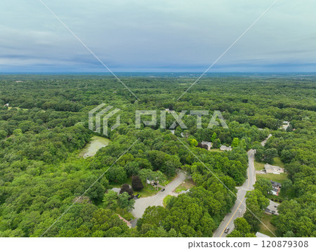 Aerial view of Suburban neighborhood Norfolk County, Massachusetts with green forest, with big villa 120879308