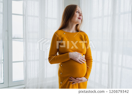 Pregnancy motherhood people expectation future. Pregnant woman with big belly standing near window at home. Girl hugging her tummy enjoying pregnancy. Maternity tenderness parenthood new life concept 120879342