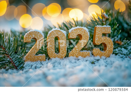 Golden glowing numbers of the year 2025 on snow with fir branches on blurred, glowing background with yellow lights, New Year's card 120879384