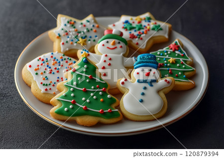 White ceramic plate with different frosting homemade Christmas cookies in form of snowmen, Christmas trees, stars on black background, delicious sweet traditional treat for holiday 120879394