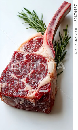 tomahawk steak, raw beef  on a cutting board.  120879427