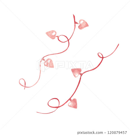 Garland with Heart shaped Lights. Hand drawn Watercolor illustration of red light bulbs isolated on a white background. Design element for Valentines Day, Christmas or Weeding cards and invitations. 120879457