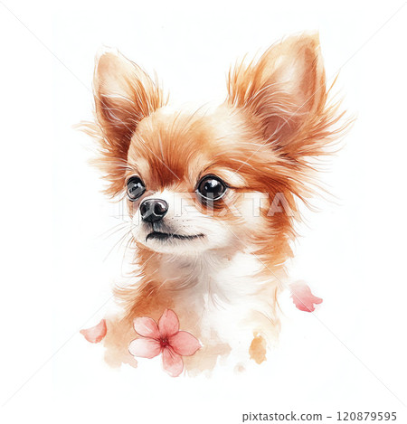Watercolor illustration of a chihuahua surrounded by delicate flower petals Watercolor illustration of a chihuahua surrounded by delicate flower petals 120879595