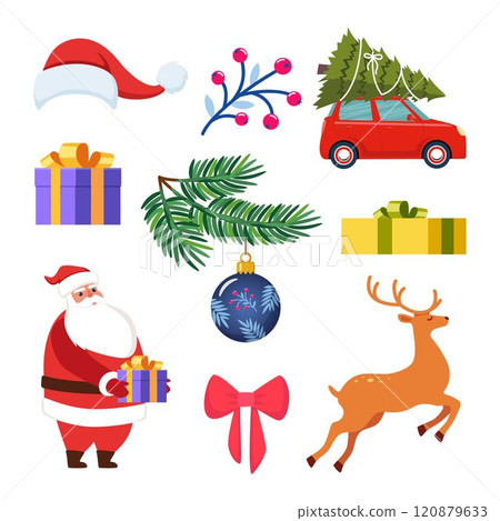 Christmas big set, New Year holiday decoration elements. Santa Claus, reindeer, Christmas tree ball, sock, sleigh, gift bag, gift box. Vector illustration. 120879633