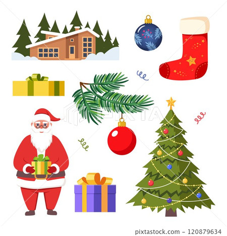 Christmas big set, New Year holiday decoration elements. Santa Claus, reindeer, Christmas tree ball, sock, sleigh, gift bag, gift box. Vector illustration. 120879634