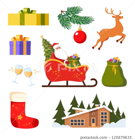 Christmas big set, New Year holiday decoration elements. Santa Claus, reindeer, Christmas tree ball, sock, sleigh, gift bag, gift box. Vector illustration. Christmas big set, New Year holiday decoration elements. Santa Claus, reindeer, Christmas tree ball, sock, sleigh, gift bag, gift box. Vector illustration. 120879635