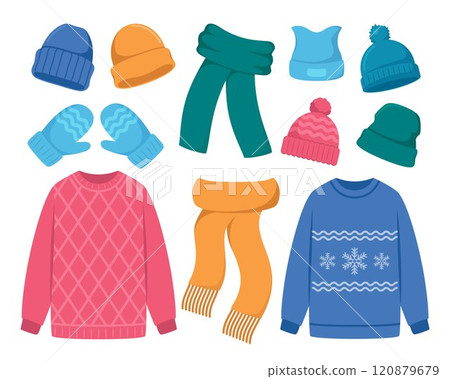 Winter knitting clothes for cold weather. Handicrafts sweater, mittens, scarf, cap of natural knitted jersey. Vector illustration. 120879679
