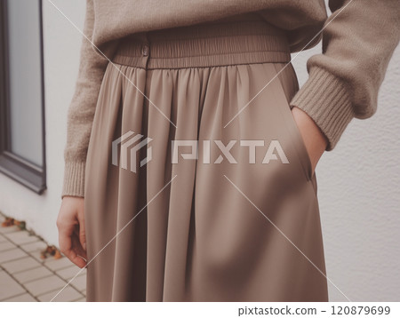 Mocha mousse color woman street style outfit. Soft warm clothes autumn fall look. Trendy color palette of the year photo 120879699