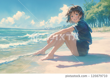 High school girl sitting on the beach_3 120879710