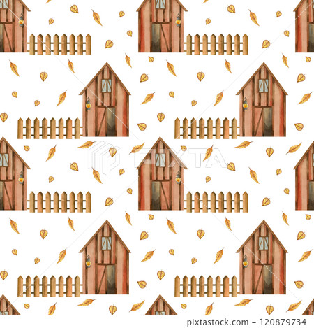 Farm with a fence and autumn leaves, a barn for storing grain, hay, with an open door and a burning lantern. Seamless watercolor pattern. All objects are hand-drawn with watercolors. For printing. Farm with a fence and autumn leaves, a barn for storing grain, hay, with an open door and a burning lantern. Seamless watercolor pattern. All objects are hand-drawn with watercolors. For printing. 120879734