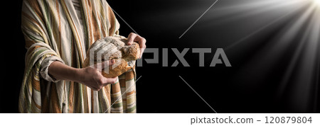 Human hands breaking fresh bread 120879804