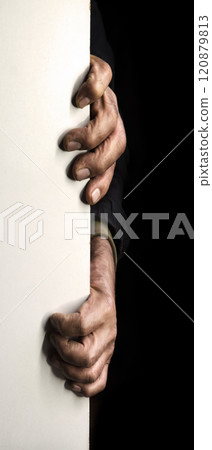 Old man hides after the wall Old man hides after the wall 120879813