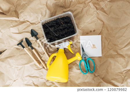 Kraft paper background, fertile soil and garden tools on top, top view. Planting seedlings in spring 120879982
