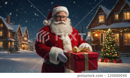 Santa Claus holding a festive gift with a joyful smile 120880048