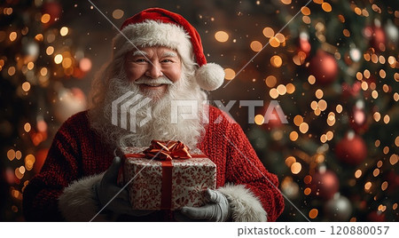 Santa Claus holding a festive gift with a joyful smile 120880057