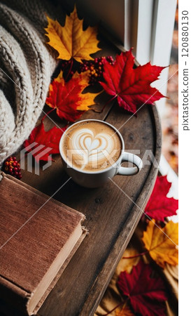 Autumn scene with coffee, book, and knitted blanket 120880130