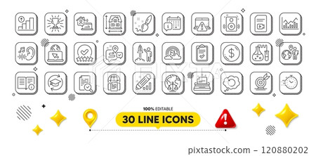 Chemistry lab, Internet documents and Online warning line icons pack. 3d design elements. Timer, Checklist, Paint brush web icon. Recovery data, Video file, Hearing pictogram. Target goal. Vector Chemistry lab, Internet documents and Online warning line icons pack. 3d design elements. Timer, Checklist, Paint brush web icon. Recovery data, Video file, Hearing pictogram. Target goal. Vector 120880202