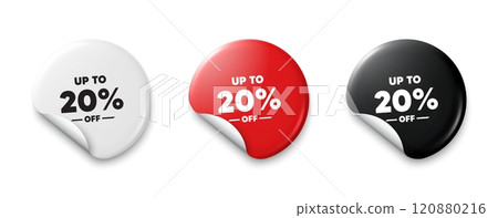 Up to 20 percent off sale. Price tag sticker with offer message. Discount offer price sign. Special offer symbol. Save 20 percentages. Sticker tag banners. Discount label badge. Vector 120880216