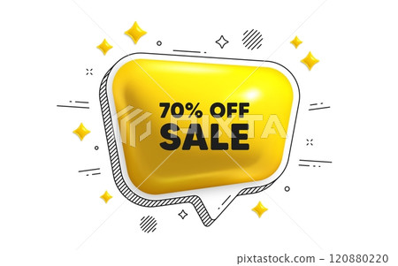 Sale 70 percent off discount. Chat speech bubble 3d icon. Promotion price offer sign. Retail badge symbol. Sale chat message. Speech bubble banner with stripes. Yellow text balloon. Vector 120880220