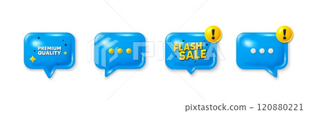 Offer speech bubble 3d icons. Premium quality tag. High product sign. Top offer symbol. Premium quality chat offer. Flash sale, danger alert. Text box balloon. Vector 120880221