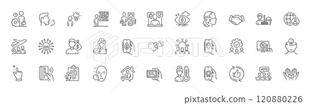 Cleaning service, Refresh like and Face search line icons. Pack of Mental health, Online voting, Handshake icon. Teamwork, Image album, Squad pictogram. Insomnia, Cyber attack, Group people. Vector 120880226