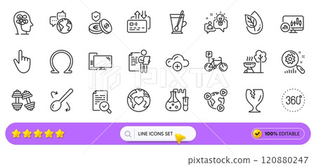 Computer, Candlestick chart and Inspect line icons for web app. Pack of Dumbbells, Tea mug, Cursor pictogram icons. Donation, Card, Savings insurance signs. 360 degrees, Grill, Stress. Vector 120880247