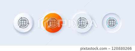 Globe line icon. Neumorphic, Orange gradient, 3d pin buttons. World or Earth sign. Global Internet symbol. Line icons. Neumorphic buttons with outline signs. Vector 120880266