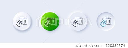 Fitness calendar line icon. Neumorphic, Green gradient, 3d pin buttons. Strong muscle arm sign. Gym fit training symbol. Line icons. Neumorphic buttons with outline signs. Vector Fitness calendar line icon. Neumorphic, Green gradient, 3d pin buttons. Strong muscle arm sign. Gym fit training symbol. Line icons. Neumorphic buttons with outline signs. Vector 120880274