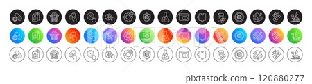 Capsule pill, Cogwheel and Coronavirus protection line icons. Round icon gradient buttons. Pack of Fake news, Coal trolley, Seo message icon. Chemistry lab, Puzzle, Pie chart pictogram. Vector Capsule pill, Cogwheel and Coronavirus protection line icons. Round icon gradient buttons. Pack of Fake news, Coal trolley, Seo message icon. Chemistry lab, Puzzle, Pie chart pictogram. Vector 120880277