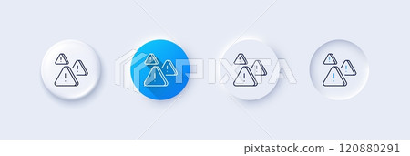 Attention line icon. Neumorphic, Blue gradient, 3d pin buttons. Important warnings sign. Danger warn symbol. Line icons. Neumorphic buttons with outline signs. Vector 120880291