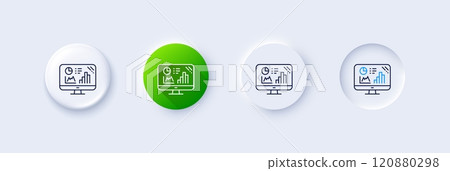 Analytics graph line icon. Neumorphic, Green gradient, 3d pin buttons. Column chart sign. Growth diagram symbol. Line icons. Neumorphic buttons with outline signs. Vector Analytics graph line icon. Neumorphic, Green gradient, 3d pin buttons. Column chart sign. Growth diagram symbol. Line icons. Neumorphic buttons with outline signs. Vector 120880298