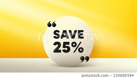 Save 25 percent off tag. Circle frame, product stage background. Sale Discount offer price sign. Special offer symbol. Discount round frame message. Minimal design offer scene. Vector 120880394