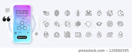 Puzzle, Time management and Fingerprint line icons for web app. Phone mockup gradient screen. Pack of Dermatologically tested, Veins, Thermometer pictogram icons. Vector 120880395