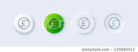 Pound money line icon. Neumorphic, Green gradient, 3d pin buttons. Gbp currency sign. Cash coin symbol. Line icons. Neumorphic buttons with outline signs. Vector 120880413
