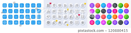 Paint roller, Wholesale goods and Cogwheel line icons. Square, Gradient, Pin 3d buttons. AI, QA and map pin icons. Pack of Realtor, Power certificate, Greenhouse icon. Vector 120880415