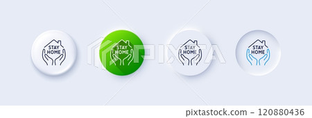 Stay home line icon. Neumorphic, Green gradient, 3d pin buttons. Coronavirus pandemic quarantine sign. Save lives symbol. Line icons. Neumorphic buttons with outline signs. Vector 120880436