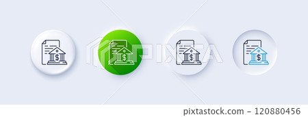 Bank document line icon. Neumorphic, Green gradient, 3d pin buttons. Government decree sign. Loan agreement symbol. Line icons. Neumorphic buttons with outline signs. Vector Bank document line icon. Neumorphic, Green gradient, 3d pin buttons. Government decree sign. Loan agreement symbol. Line icons. Neumorphic buttons with outline signs. Vector 120880456