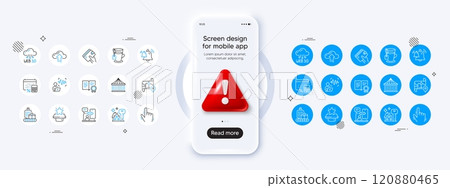Cursor, Cloud upload and Annual tax line icons. Phone mockup with 3d danger icon. Pack of Buying house, Map, Wallet icon. Certificate, Web3, Winner podium pictogram. Vector Cursor, Cloud upload and Annual tax line icons. Phone mockup with 3d danger icon. Pack of Buying house, Map, Wallet icon. Certificate, Web3, Winner podium pictogram. Vector 120880465