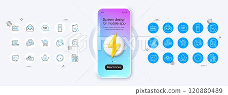 Quickstart guide, Refrigerator and Search line icons. Phone mockup with 3d energy icon. Pack of Sleep, Online delivery, Petrol canister icon. Web mail, Bid offer, Cloud communication pictogram. Vector 120880489