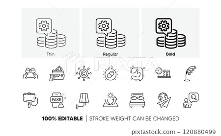 Wall lamp, Inspect and Making money line icons. Pack of Online test, Copywriting network, Fake news icon. Sun protection, Paper plane, Pillows pictogram. Give present, Like, Capsule pill. Vector 120880499
