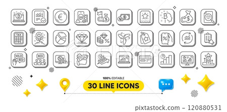 Wind energy, Euro money and Credit card line icons pack. 3d design elements. Update data, Financial goal, Pie chart web icon. Discounts app, Diamond, Dollar money pictogram. Vector 120880531