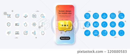 Phone mockup with 3d chat icon. Stress, Online statistics and Eco power line icons. Pack of Product knowledge, Cogwheel, Uv protection icon. Vector 120880583