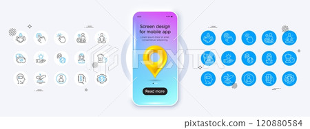Phone mockup with 3d map pin icon. Avatar, Hospital nurse and Loyalty program line icons. Pack of Boat fishing, Inspect, Cursor icon. Chef, Global business, Touchpoint pictogram. Vector 120880584