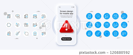 Recycling, Puzzle game and Quick tips line icons. Phone mockup with 3d danger icon. Pack of Fitness app, Adhesive tape, Messenger icon. Market, Change money, Pet shampoo pictogram. Vector 120880592
