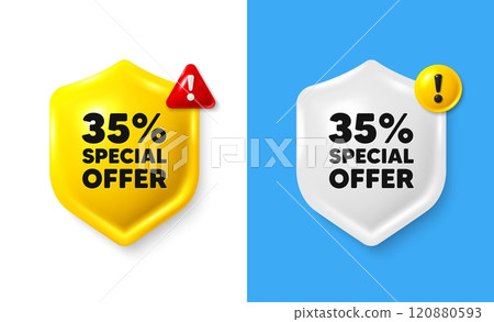35 percent discount offer tag. Shield 3d banner with text box. Sale price promo sign. Special offer symbol. Discount chat protect message. Shield speech bubble banner. Danger alert icon. Vector 120880593