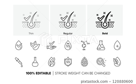 Dermatologically tested, Paraben chemical formula icons. No artificial colors, Anti-dandruff flakes free line icons. Hypoallergenic tested, Neutral ph. Linear set. Line icons set. Vector 120880600