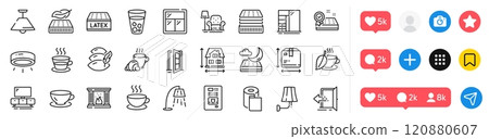 Mattress guarantee, Box size and Tv stand line icons pack. Social media icons. Open door, Espresso, Pillow web icon. Armchair, Latex mattress, Stand lamp pictogram. Vector 120880607