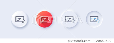Upload photo line icon. Neumorphic, Red gradient, 3d pin buttons. Image thumbnail sign. Picture placeholder symbol. Line icons. Neumorphic buttons with outline signs. Vector Upload photo line icon. Neumorphic, Red gradient, 3d pin buttons. Image thumbnail sign. Picture placeholder symbol. Line icons. Neumorphic buttons with outline signs. Vector 120880609